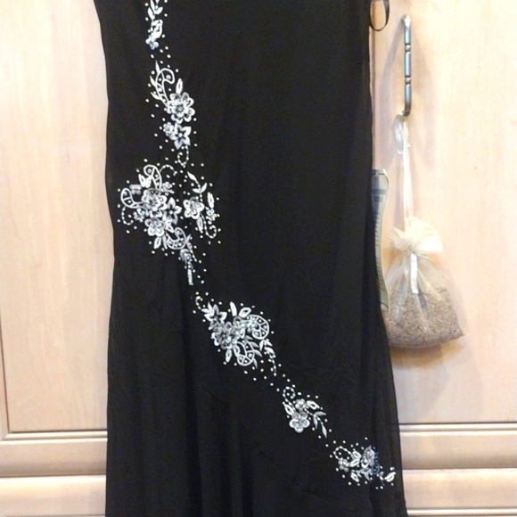 🖤 Y2K Black Beaded Sequin Rhinestone Silk/ Sheath/ Bias Cut Dress - Picture 8 of 16